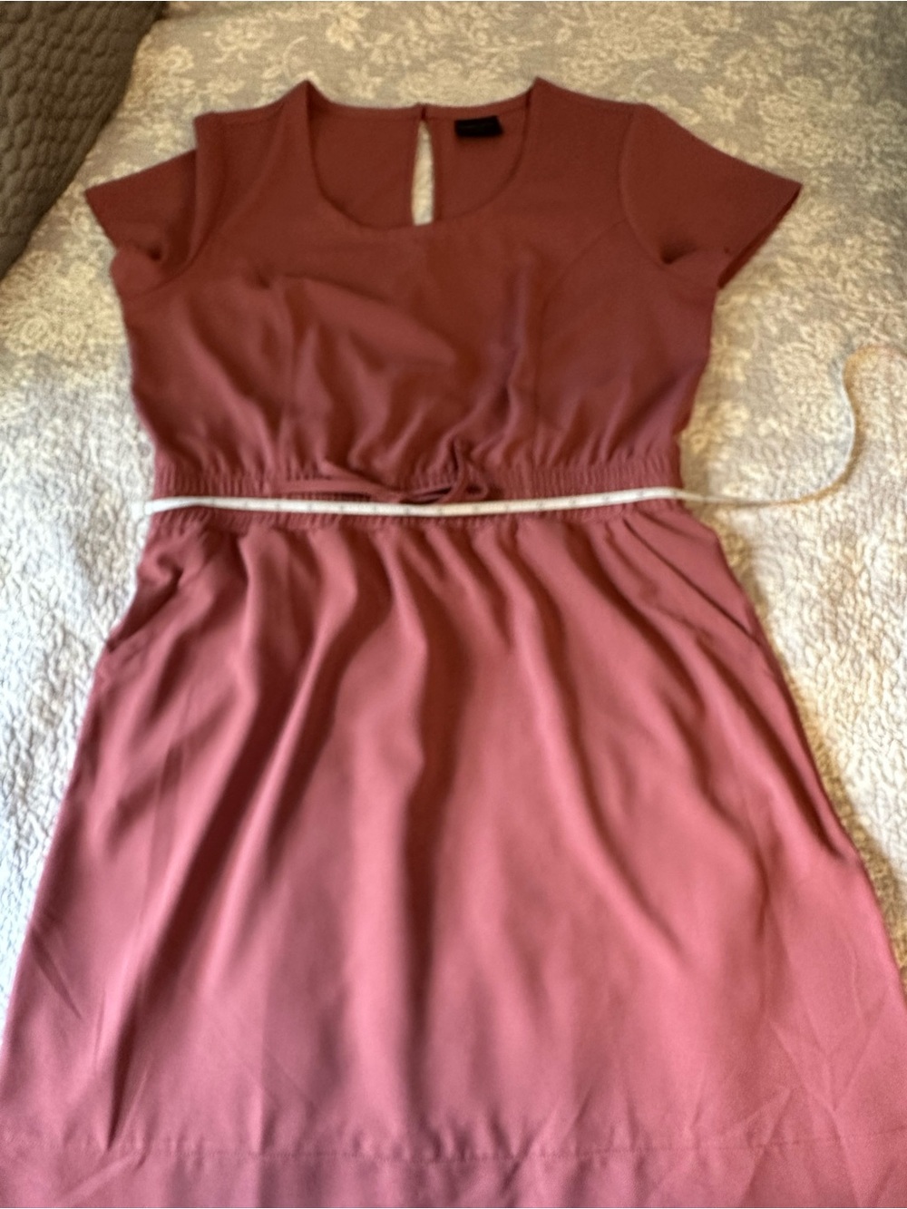 Rose colored Short-Sleeve Drawstring Waist women’s Dress